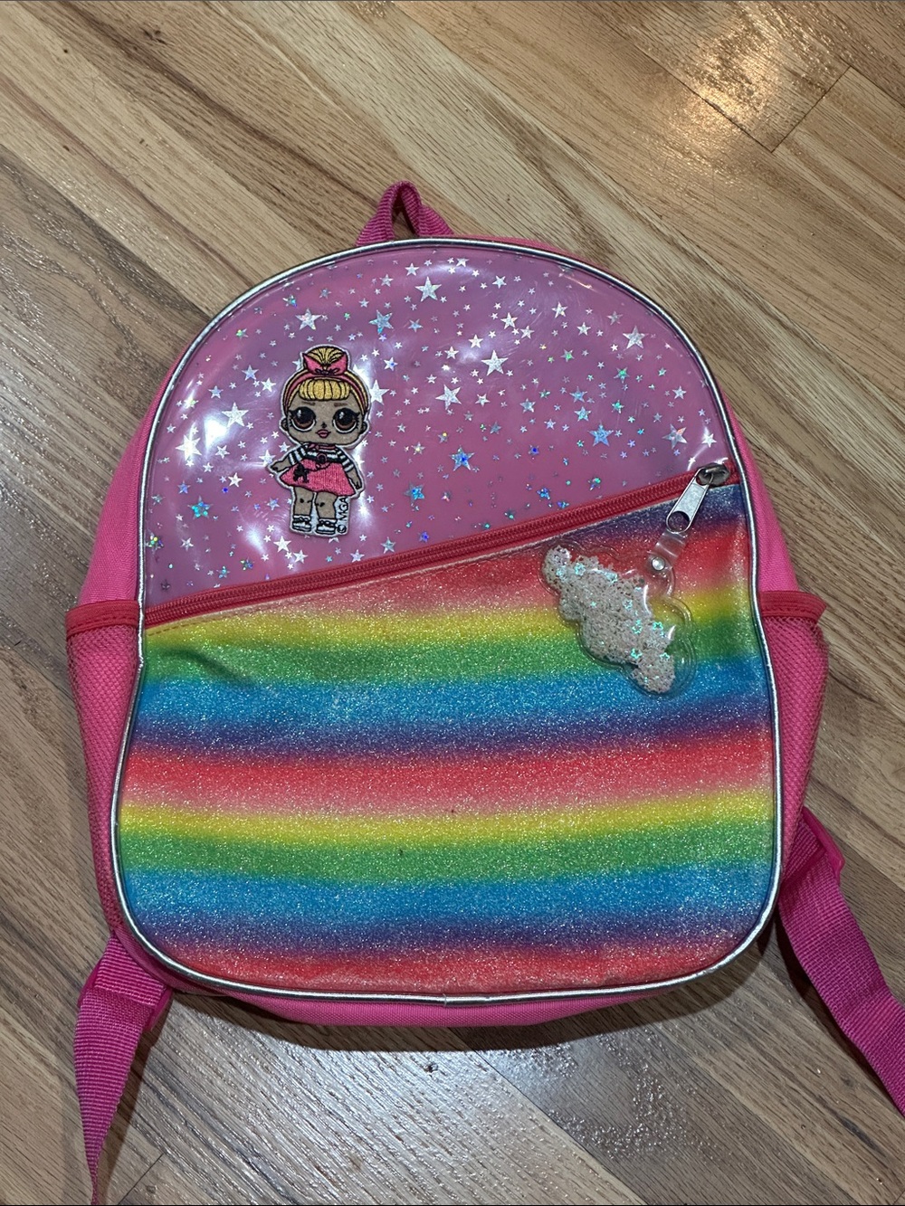 Kids Pink Rainbow Glitter Mini Backpack with Doll Patch and glitter cloud decor